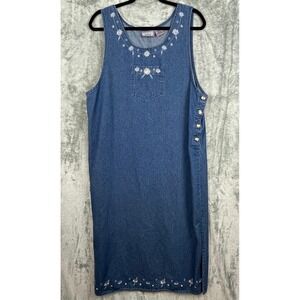 Vtg 90s Womens Overall Maxi Dress XL Blue Denim Cottagecore Teacher Farmcore